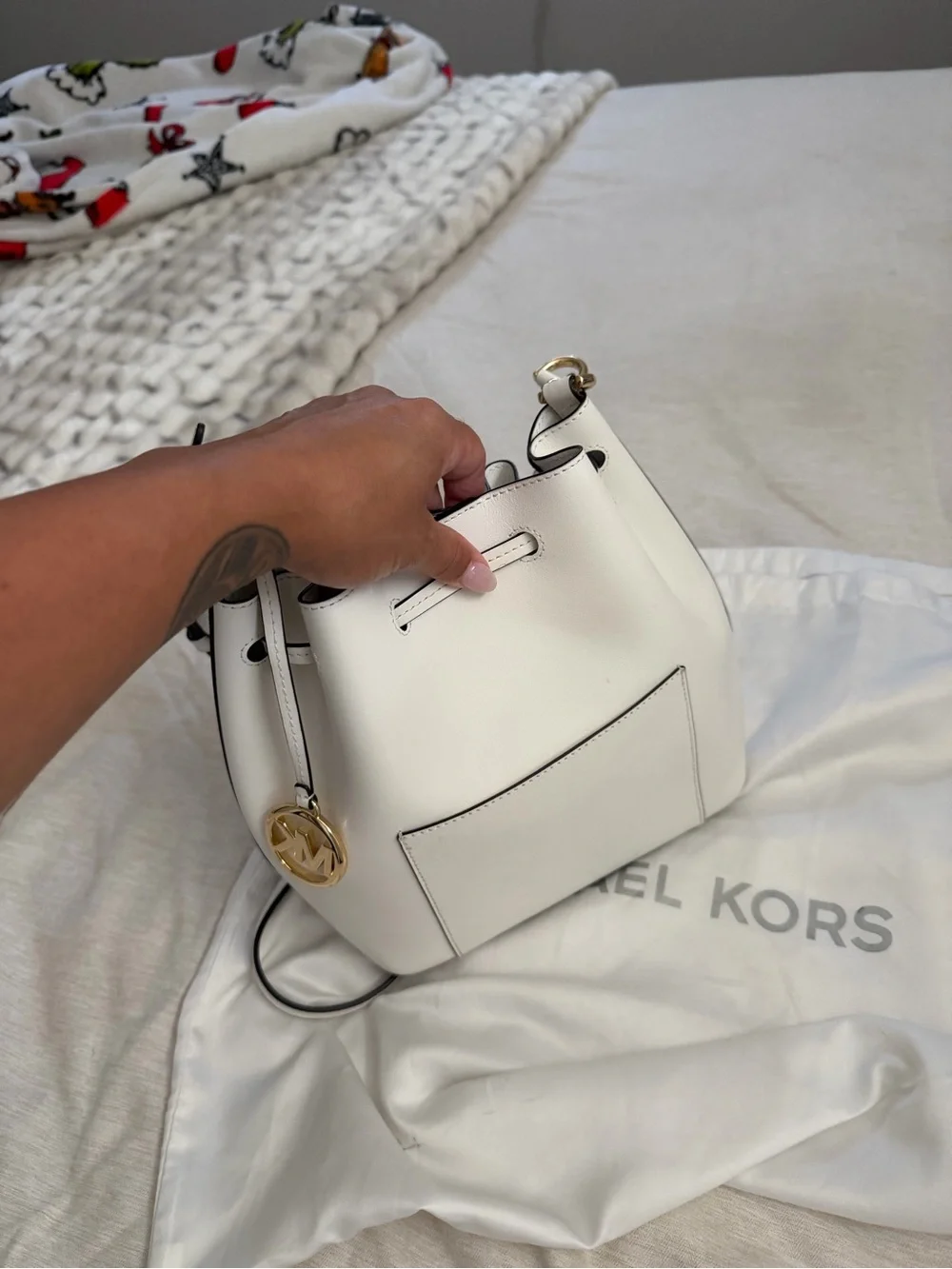 Michael Kors Cream Leather Shoulder Tote with Gold Hardware